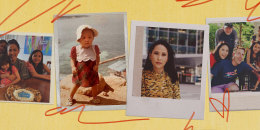 Four old photographs against a yellow background. From left to right, a family sitting at a table, an old baby photo of Vicky Nguyen, a headshot of Vicky Nguyen, and another family photo.