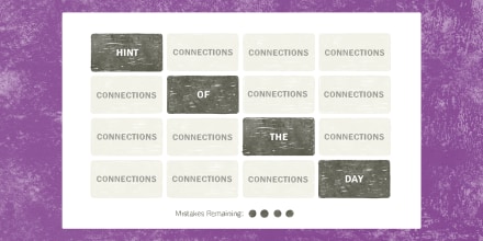 Drawing of a New York Times Connections game board. The words "Hint of the day" fill each of four dark grey tiles diagonally across the board. The rest of the tiles are light grey, with the word "connections" in each of them.