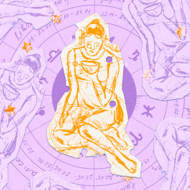 Paper cutouts of the Virgo zodiac on a purple background